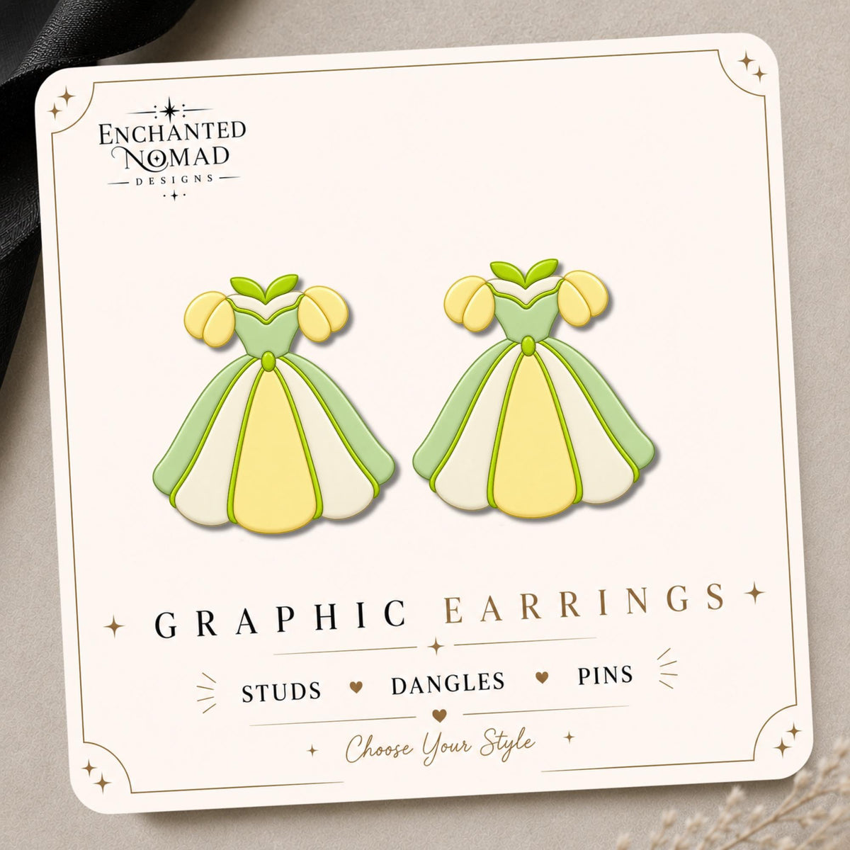 Green Yellow Princess Dress Earrings & Pins on a display card