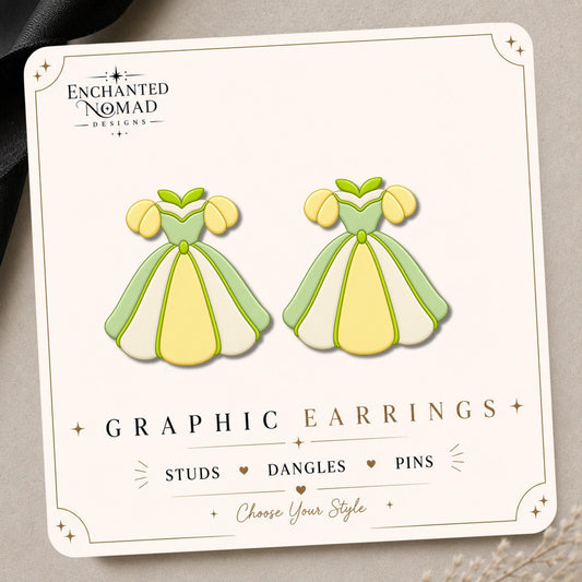Green Yellow Princess Dress Earrings & Pins on a display card