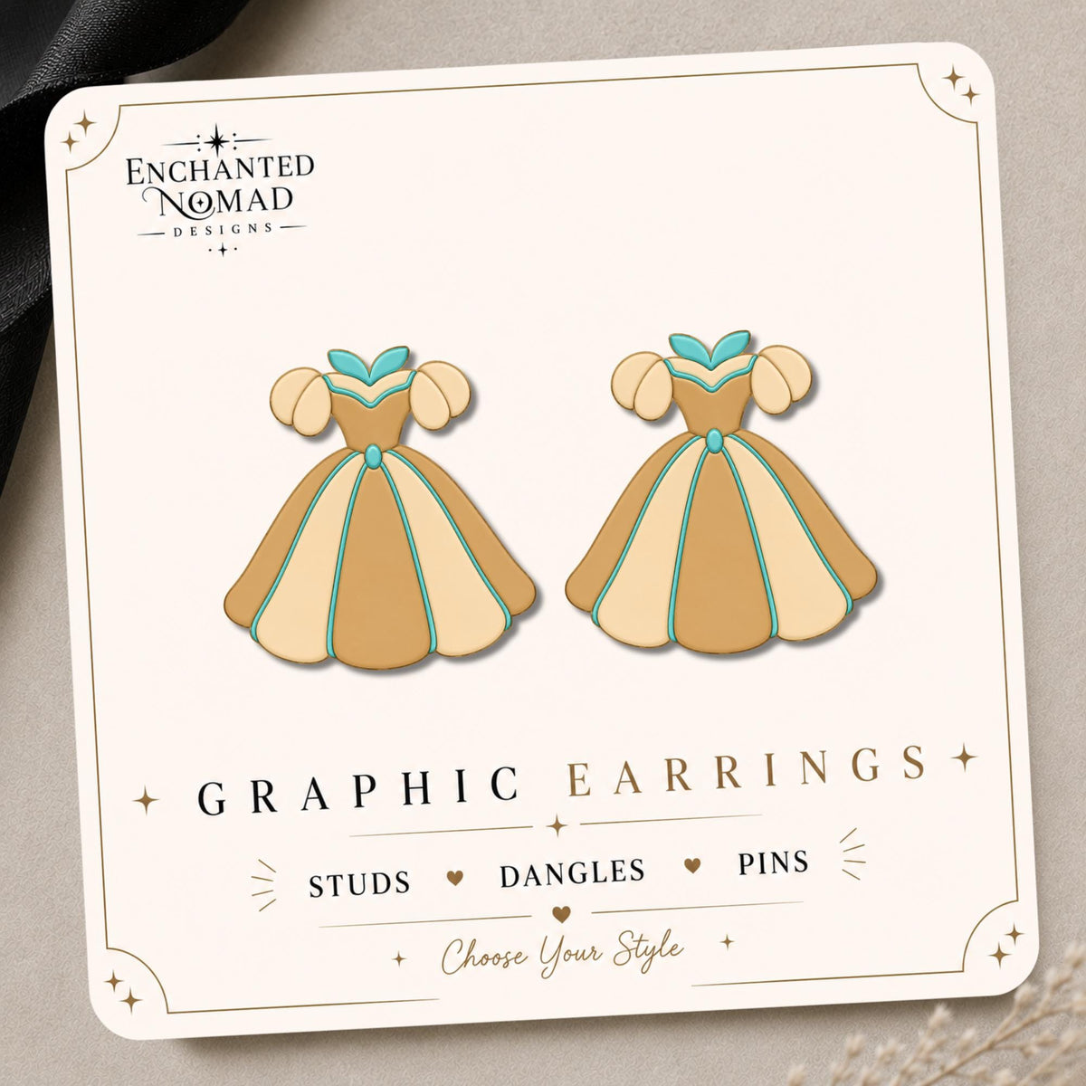 Gold Princess Dress Earrings & Pins on a display card