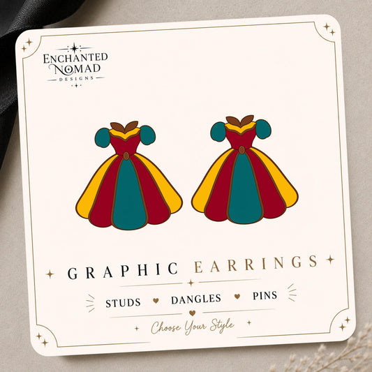 Royal Red Teal Princess Dress Earrings & Pins on a display card