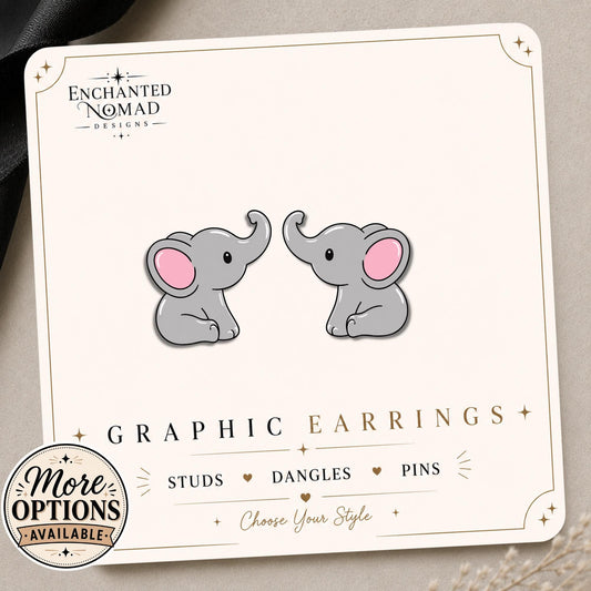 Colorful Elephant Earrings & Pins on a display card