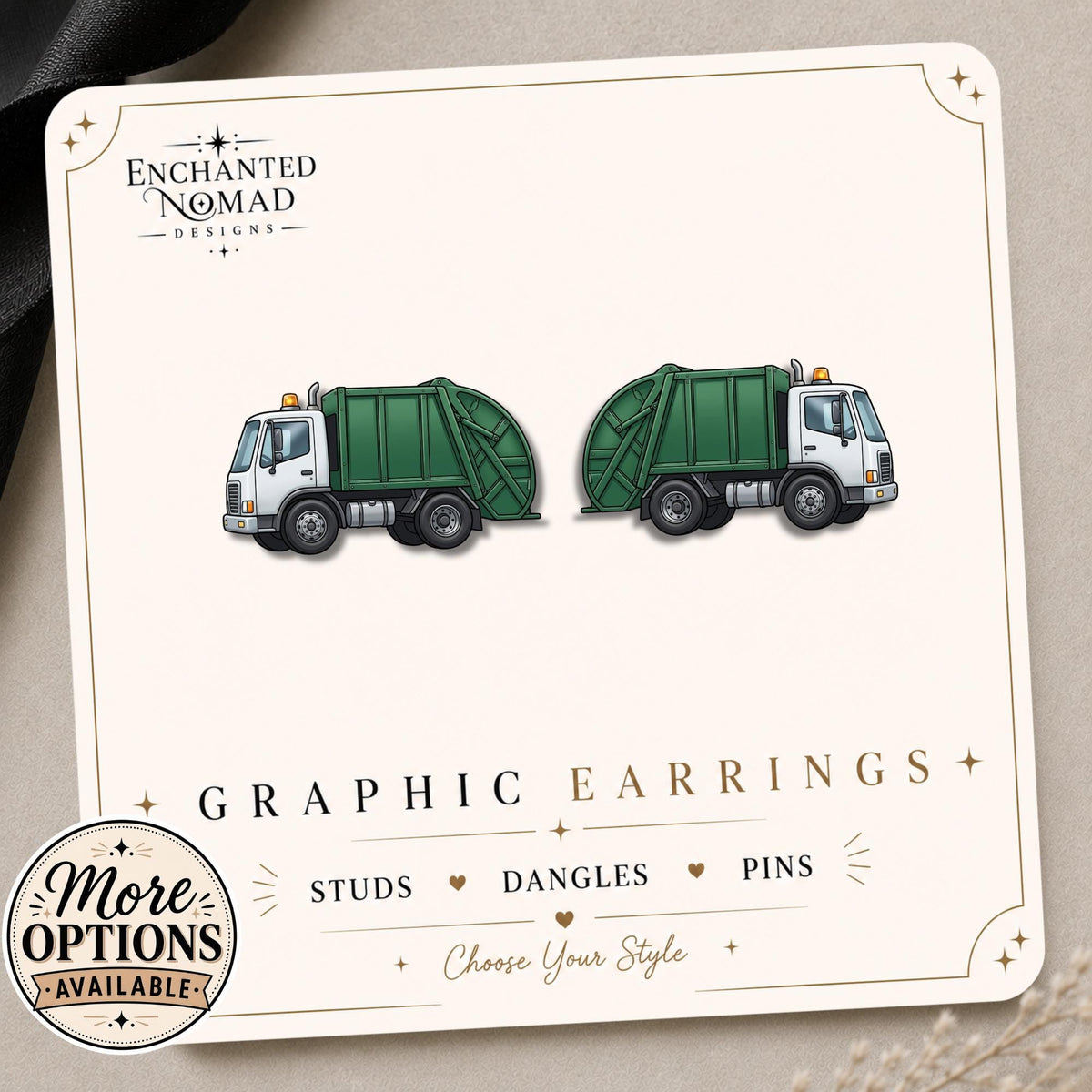 Garbage Truck Earrings & Pins on a display card