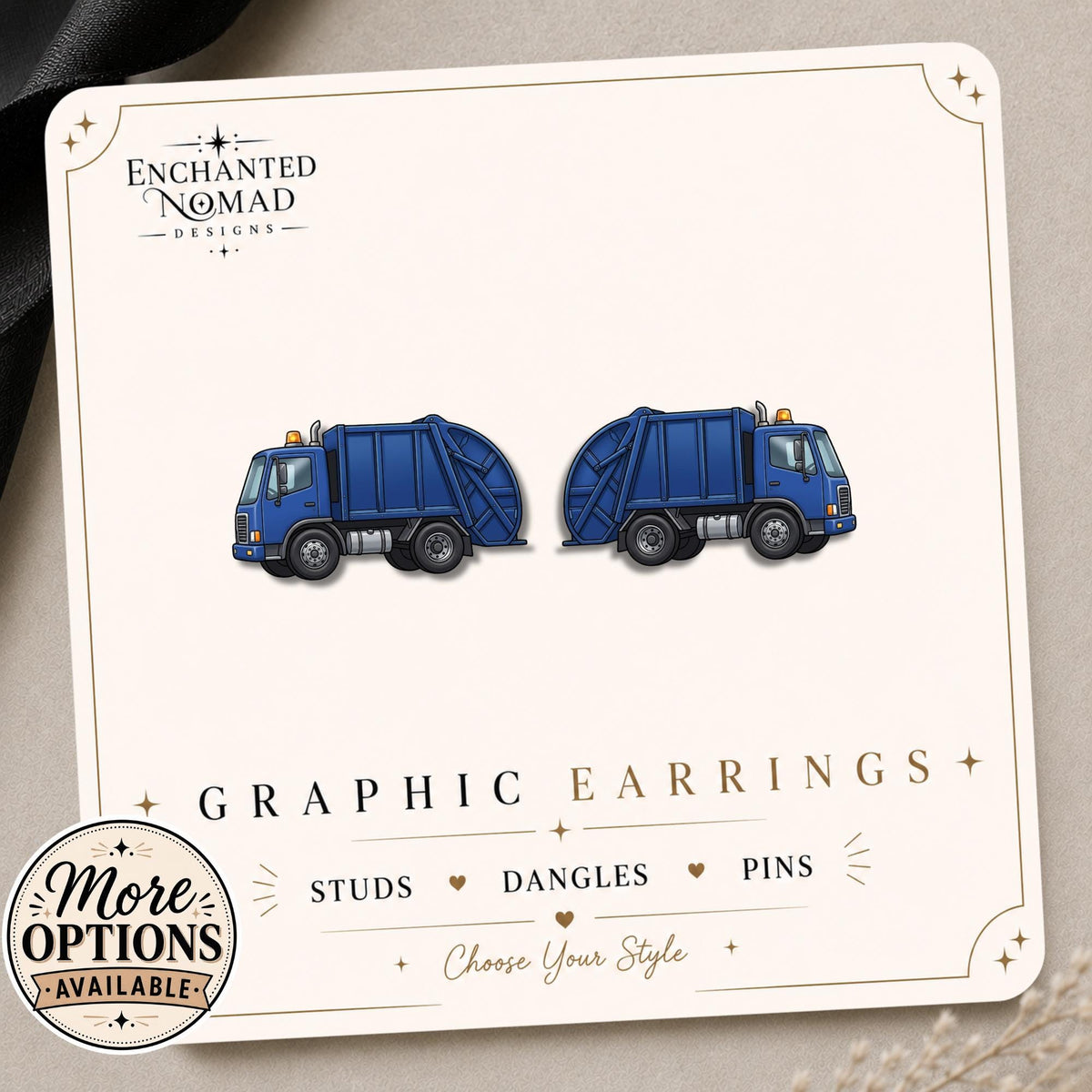 Trash Truck and Recycling Bin Earrings & Pins on a display card