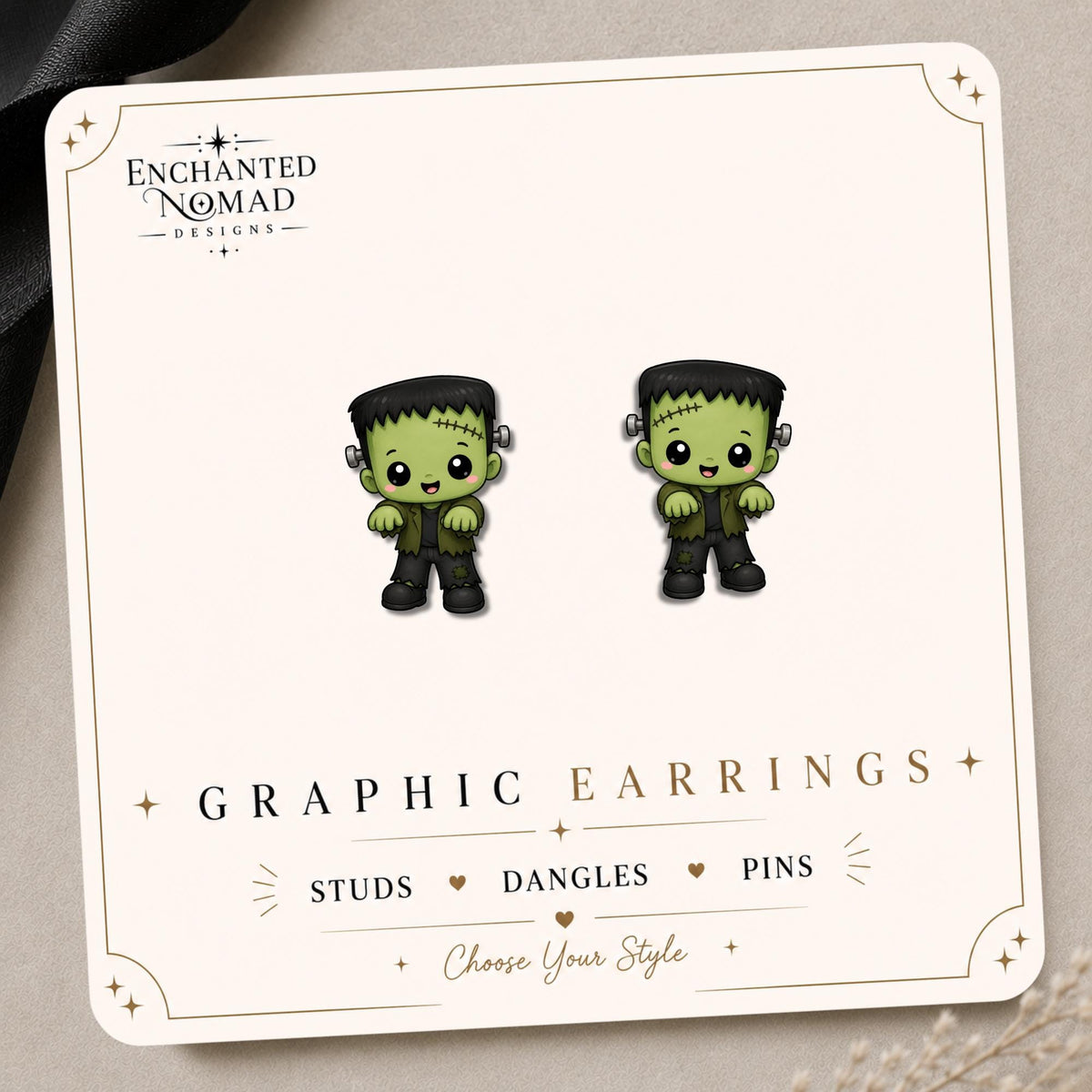 Green Monster earrings and pins