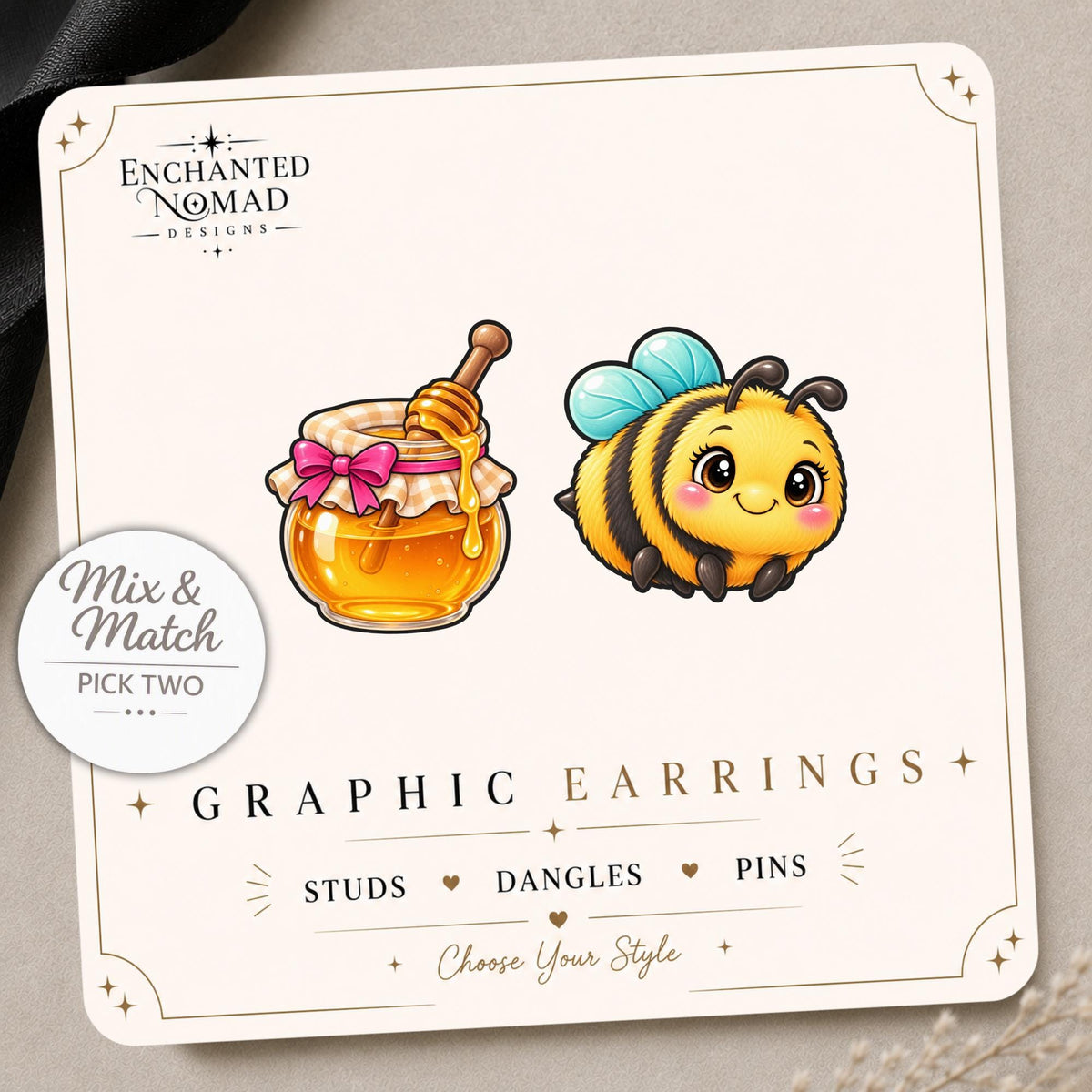 Bee and Honey Earrings & Pins on a display card