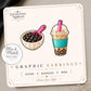 Boba Tea Earrings & Pins on a display card
