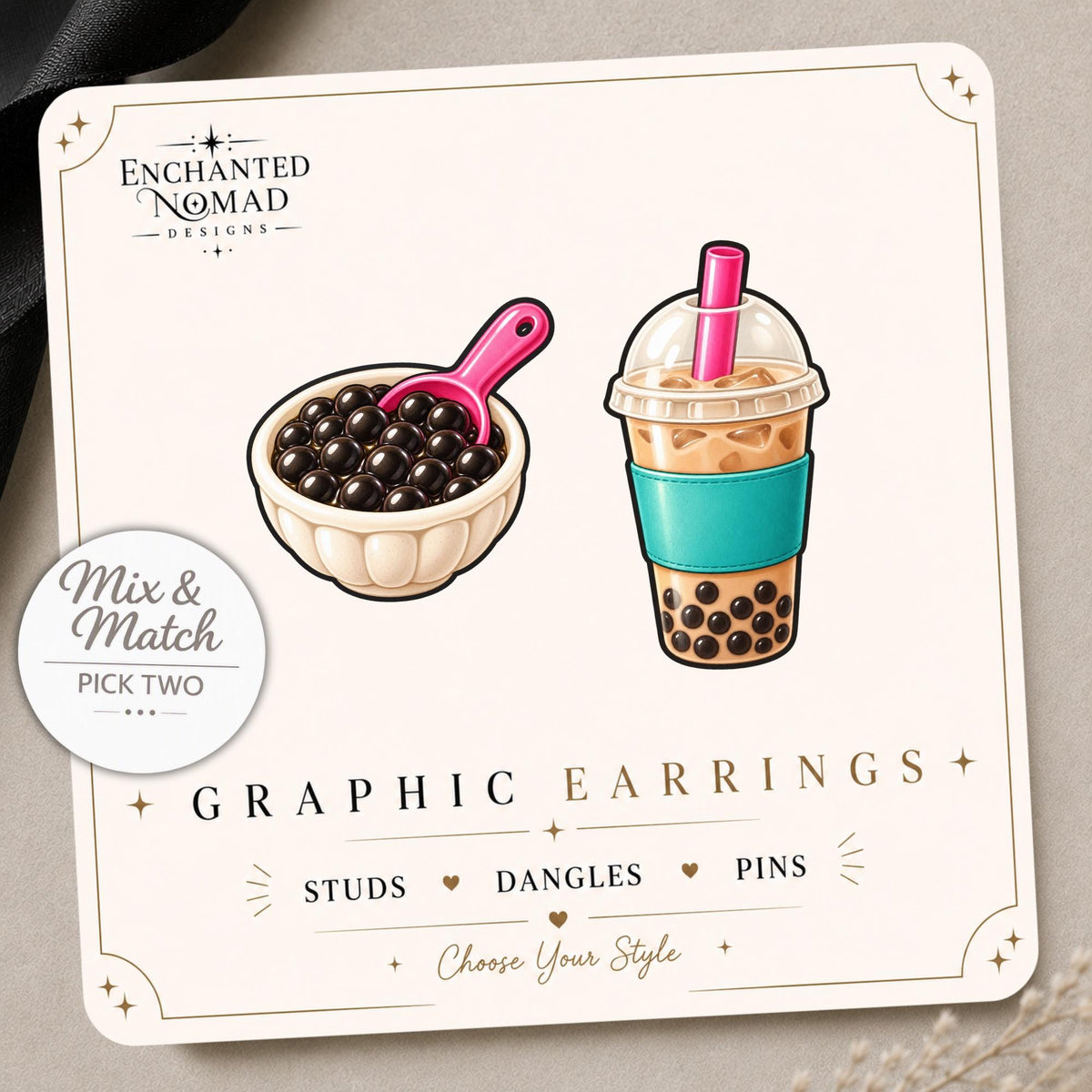 Boba Tea Earrings & Pins on a display card