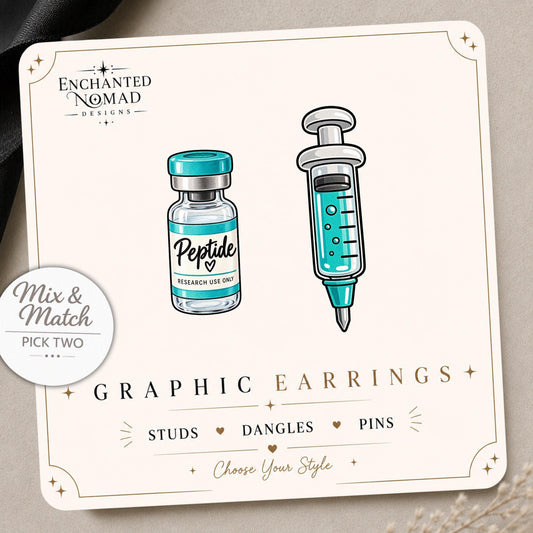 Peptide Vial and Syringe Earrings & Pins on a display card