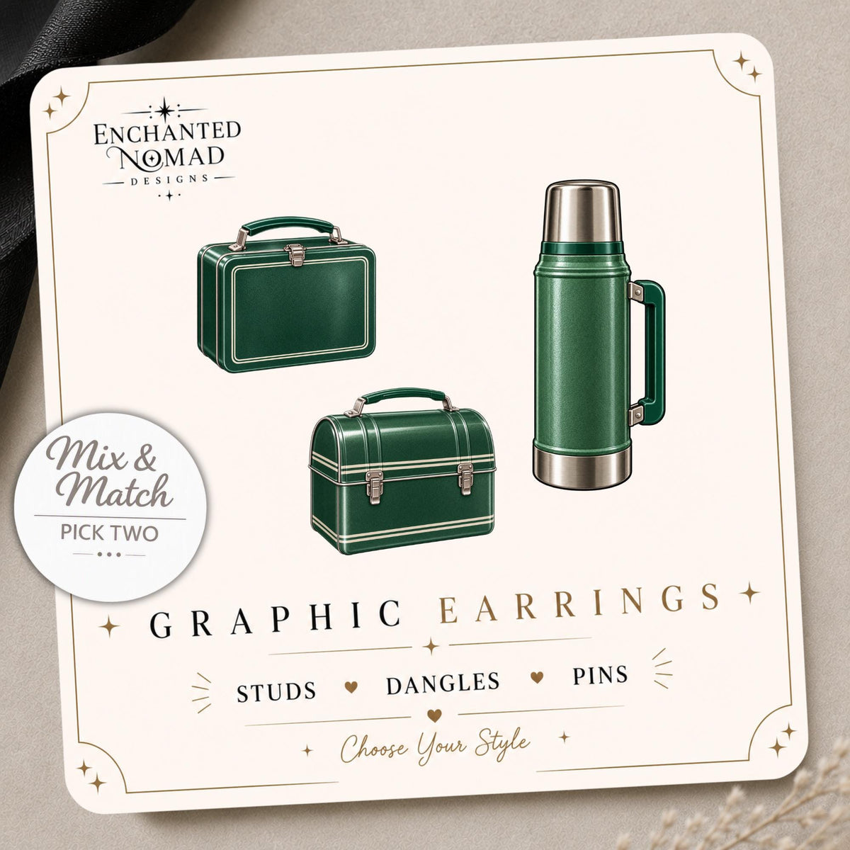 Vintage Green Thermos and Lunch Boxes Earrings & Pins on a display card