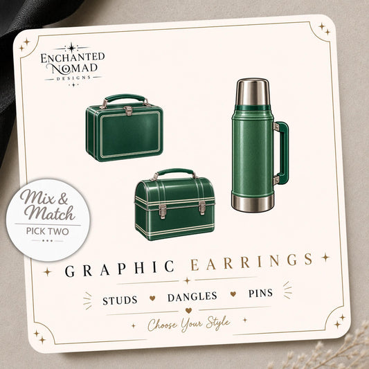 Vintage Green Thermos and Lunch Boxes Earrings & Pins on a display card