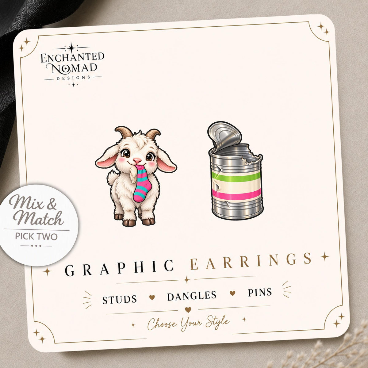 Goat and Tin Can Earrings & Pins on a display card