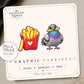 Pigeon and French Fry Earrings & Pins on a display card