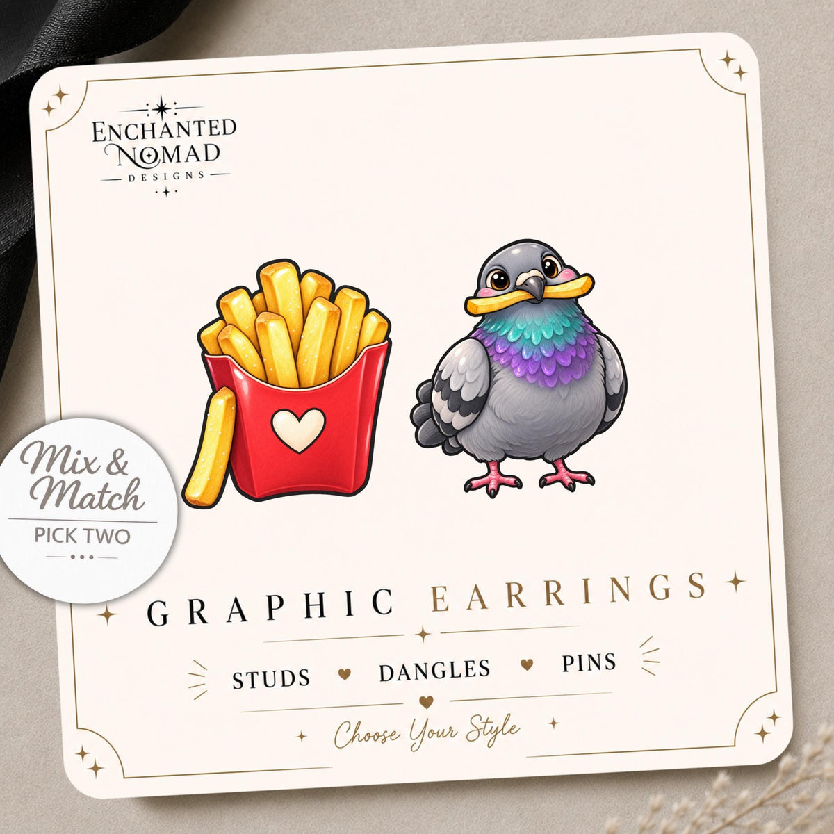 Pigeon and French Fry Earrings & Pins on a display card