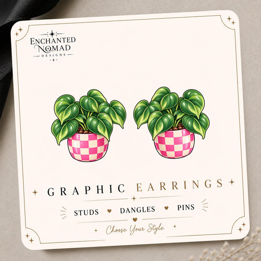 Brasil Houseplant graphic earrings and pins on a display card