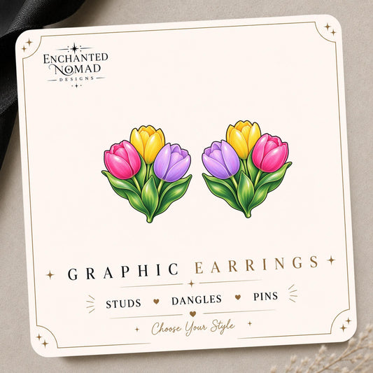 Tulip graphic earrings and pins on a display card