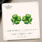 Four Leaf Clover graphic earrings and pins on a display card