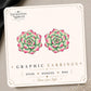 Pink Succulent graphic earrings and pins on a display card