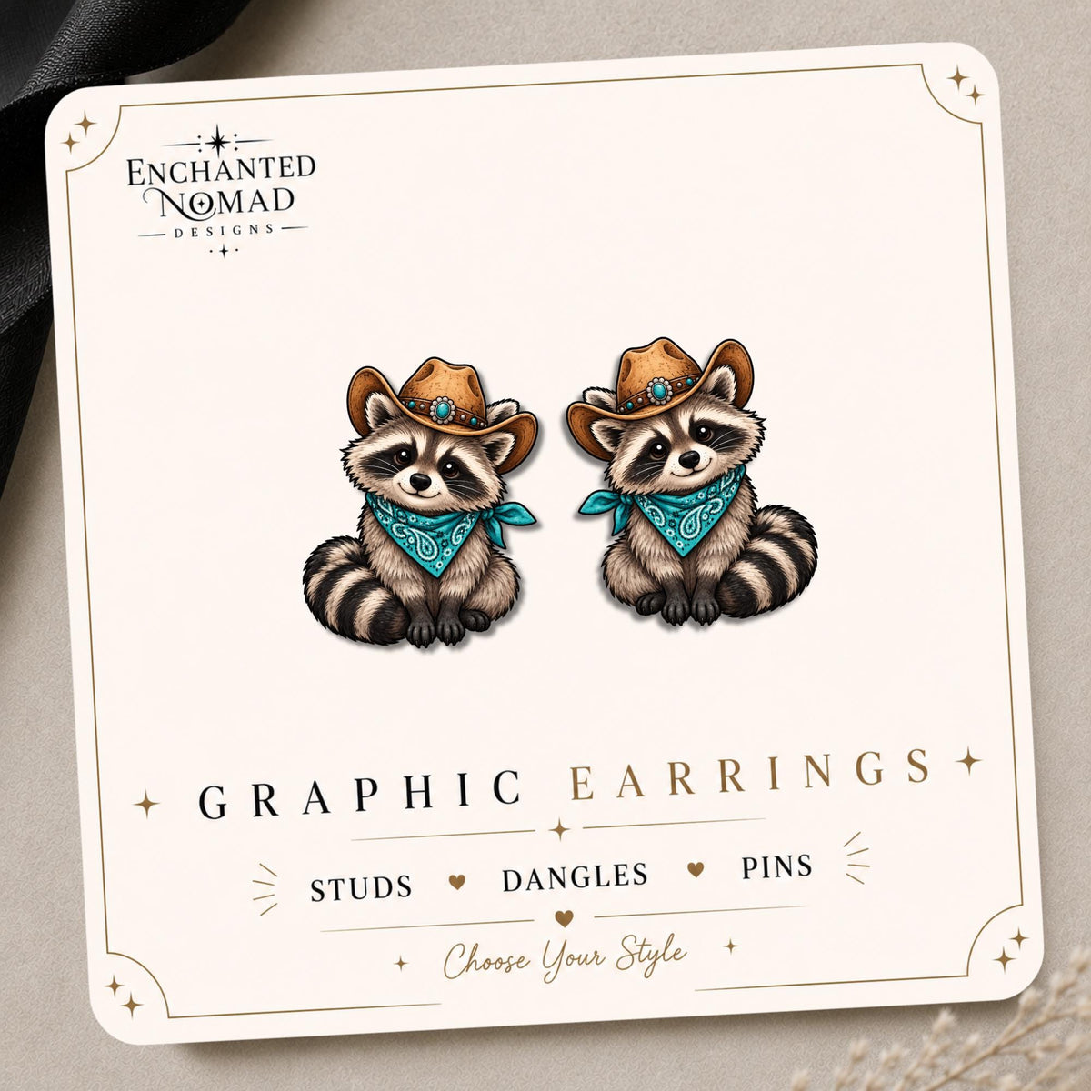 Cowboy Raccoon Earrings & Pins