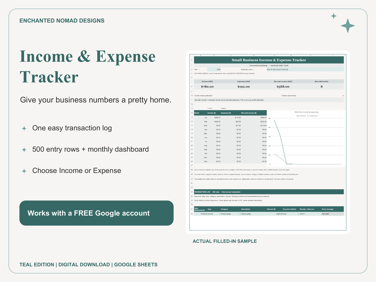 Small Business Income & Expense Tracker — Google Sheets Template — Teal Edition