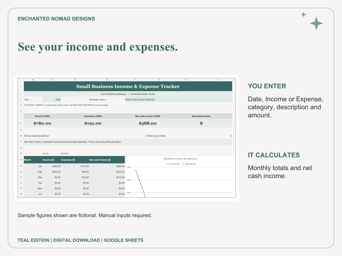 Small Business Income & Expense Tracker — Google Sheets Template — Teal Edition