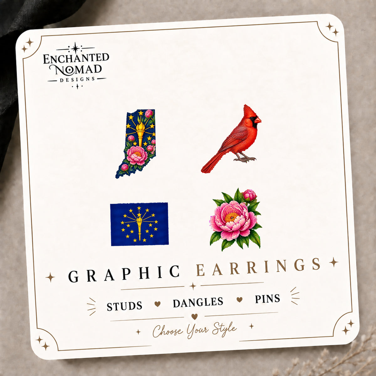 Indiana Mix & Match Stud Earrings on the tilted Enchanted Nomad Designs card