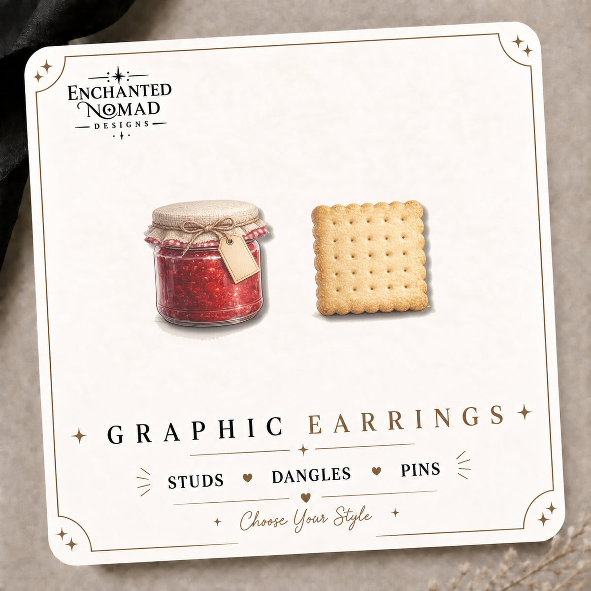 Jam and Cracker Stud Earrings on the tilted Enchanted Nomad Designs card