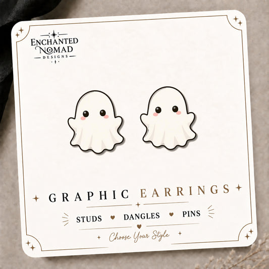 Kawaii Ghost Stud Earrings on the tilted Enchanted Nomad Designs card