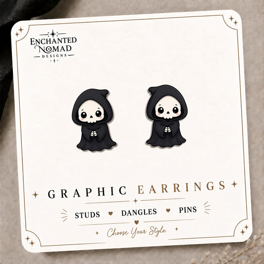 Kawaii Grim Reaper Stud Earrings on the tilted Enchanted Nomad Designs card
