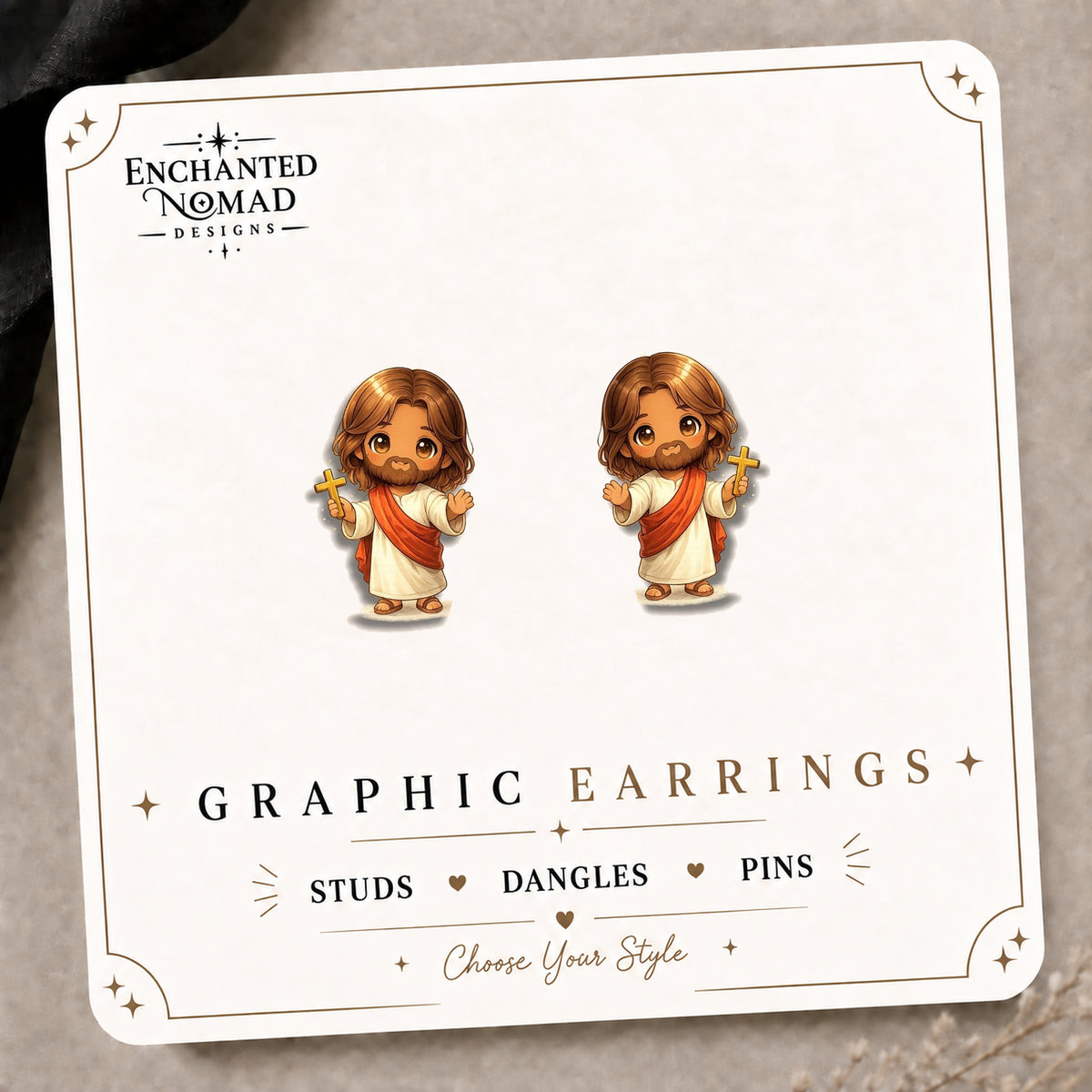 Kawaii Jesus Stud Earrings — Faith on the tilted Enchanted Nomad Designs card