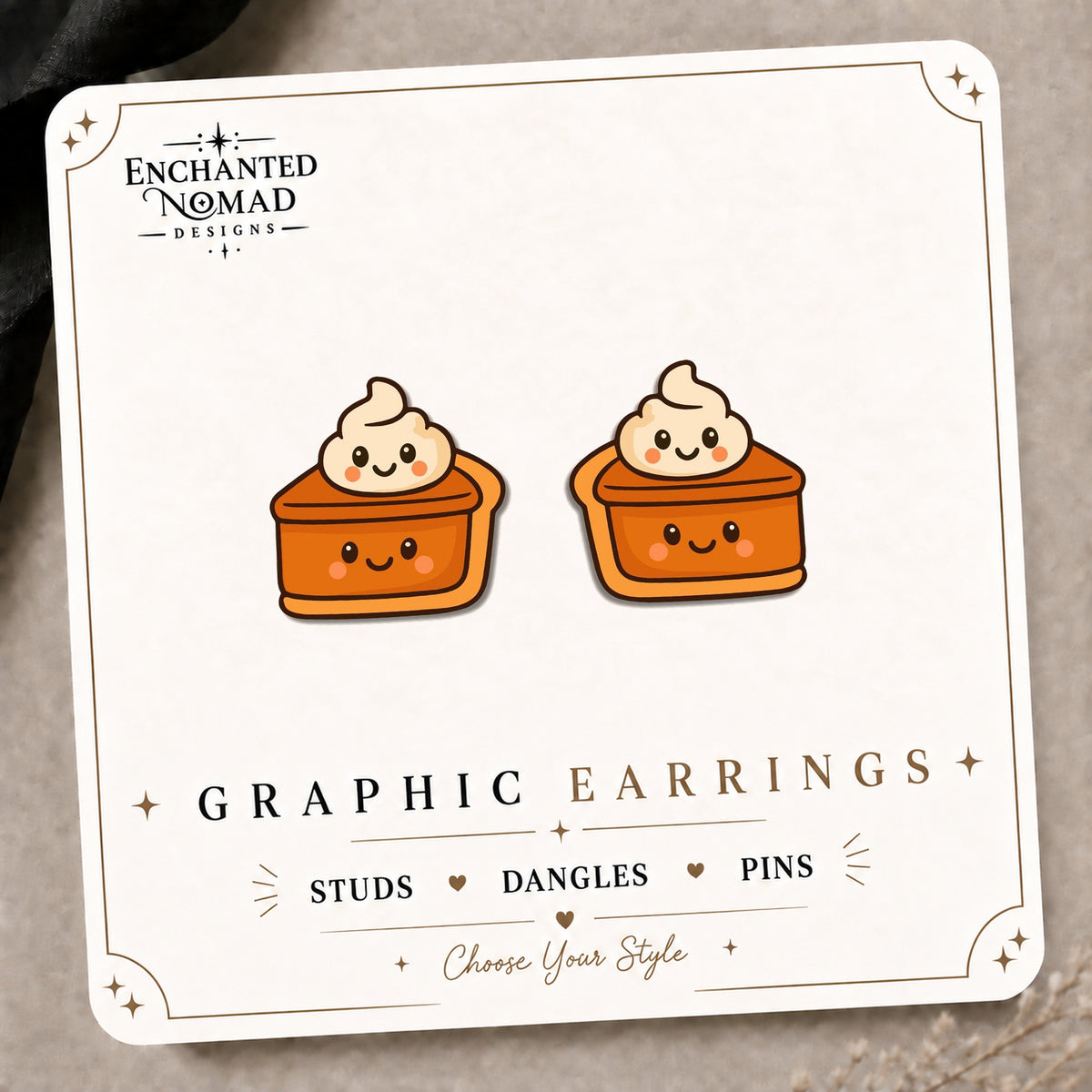 Kawaii Pumpkin Pie Stud Earrings on the tilted Enchanted Nomad Designs card