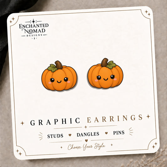 Kawaii Pumpkin Stud Earrings on the tilted Enchanted Nomad Designs card