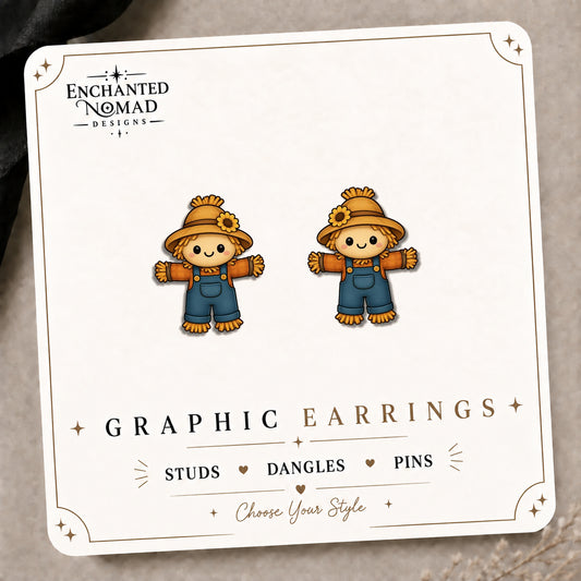 Kawaii Scarecrow Stud Earrings on the tilted Enchanted Nomad Designs card