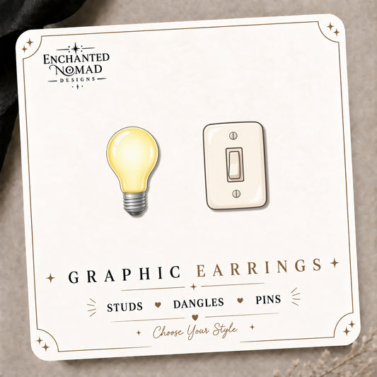 Light Bulb and Switch Stud Earrings on the tilted Enchanted Nomad Designs card