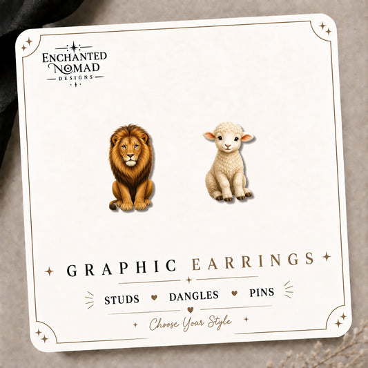 Lion & Lamb Stud Earrings on the tilted Enchanted Nomad Designs card