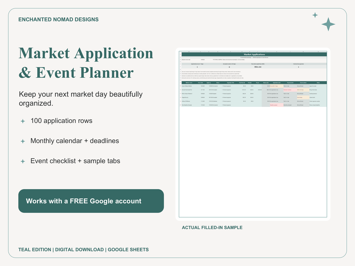 Market Application & Event Planner — Google Sheets Template — Teal Edition