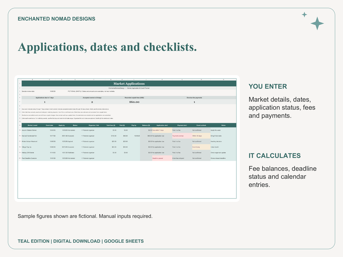 Market Application & Event Planner — Google Sheets Template — Teal Edition