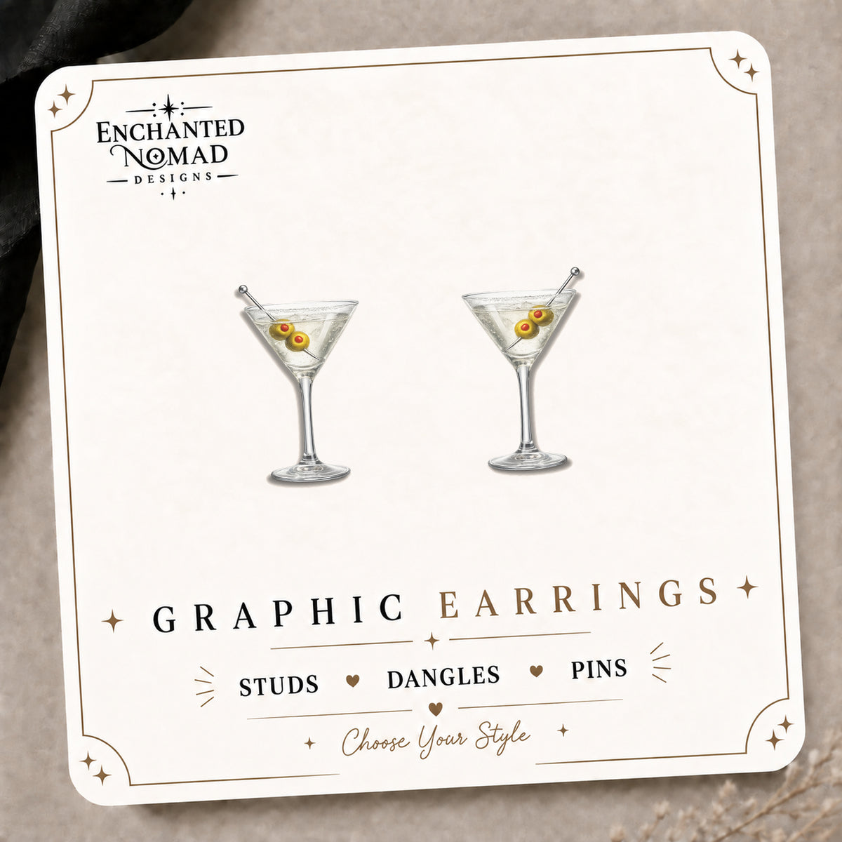 Martini Glass Stud Earrings on the tilted Enchanted Nomad Designs card