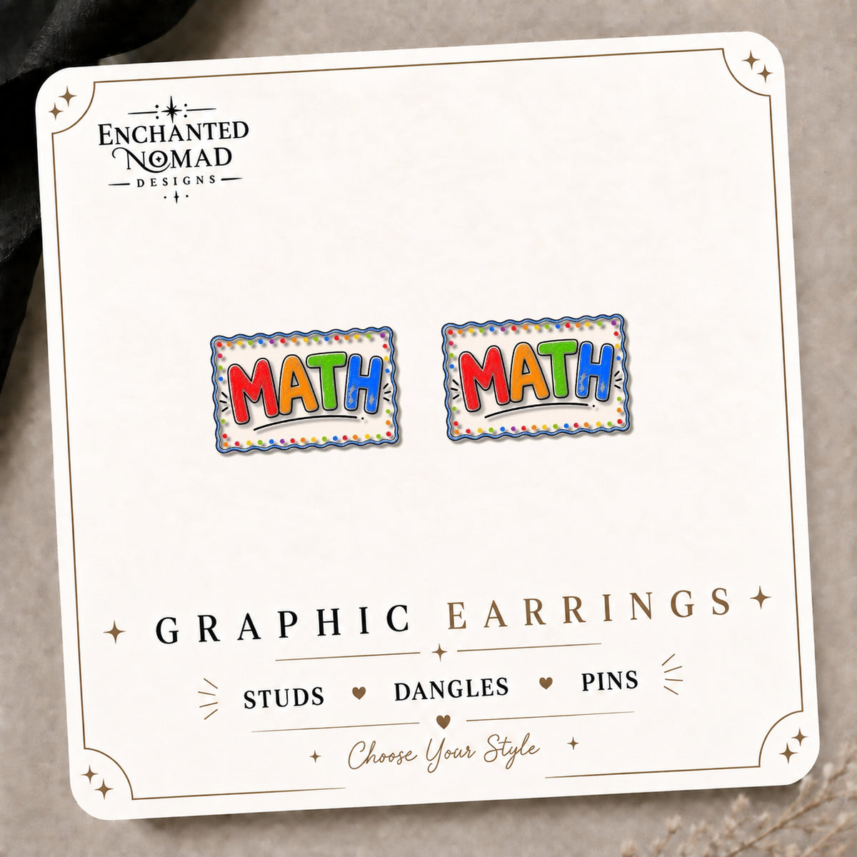 Math Stud Earrings on the tilted Enchanted Nomad Designs card