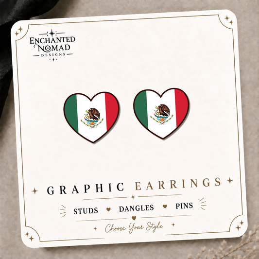 Mexican Flag Heart Stud Earrings on the tilted Enchanted Nomad Designs card