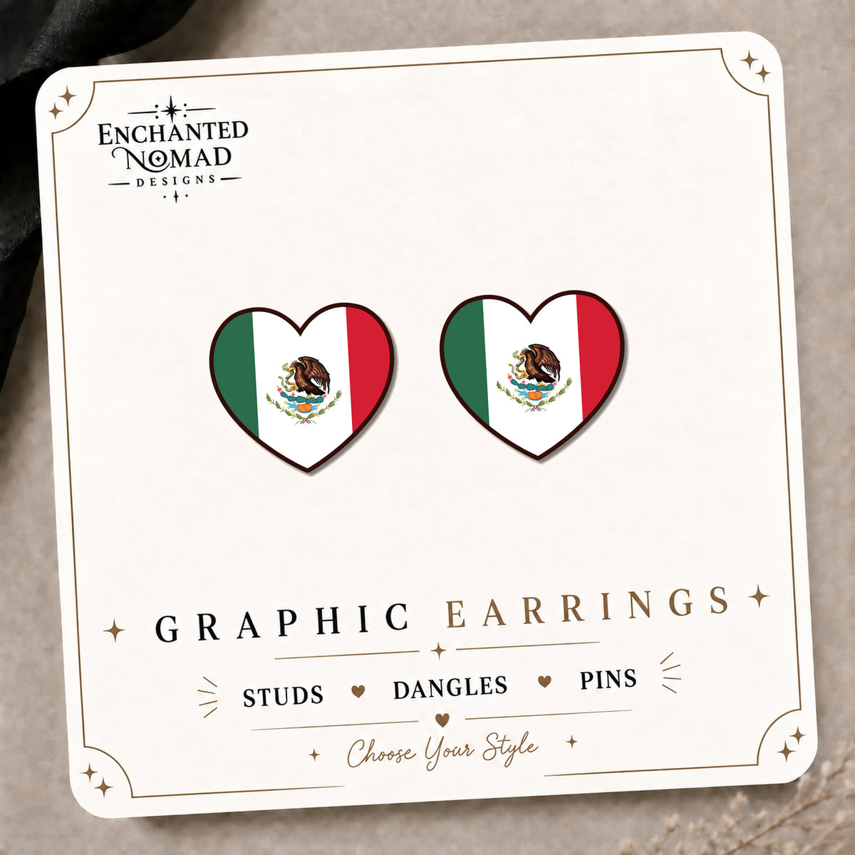 Mexico Flag Heart Stud Earrings on the tilted Enchanted Nomad Designs card