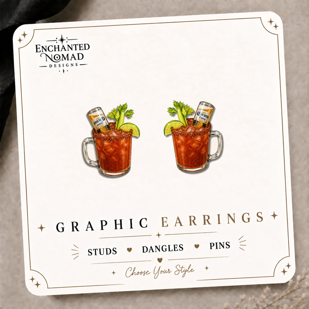 Michelada Graphic Stud Earrings on the tilted Enchanted Nomad Designs card