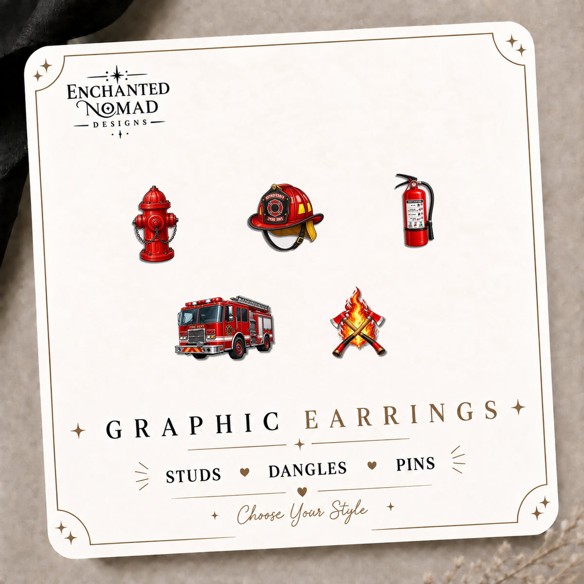 Mix & Match Firefighter Stud Earrings on the tilted Enchanted Nomad Designs card
