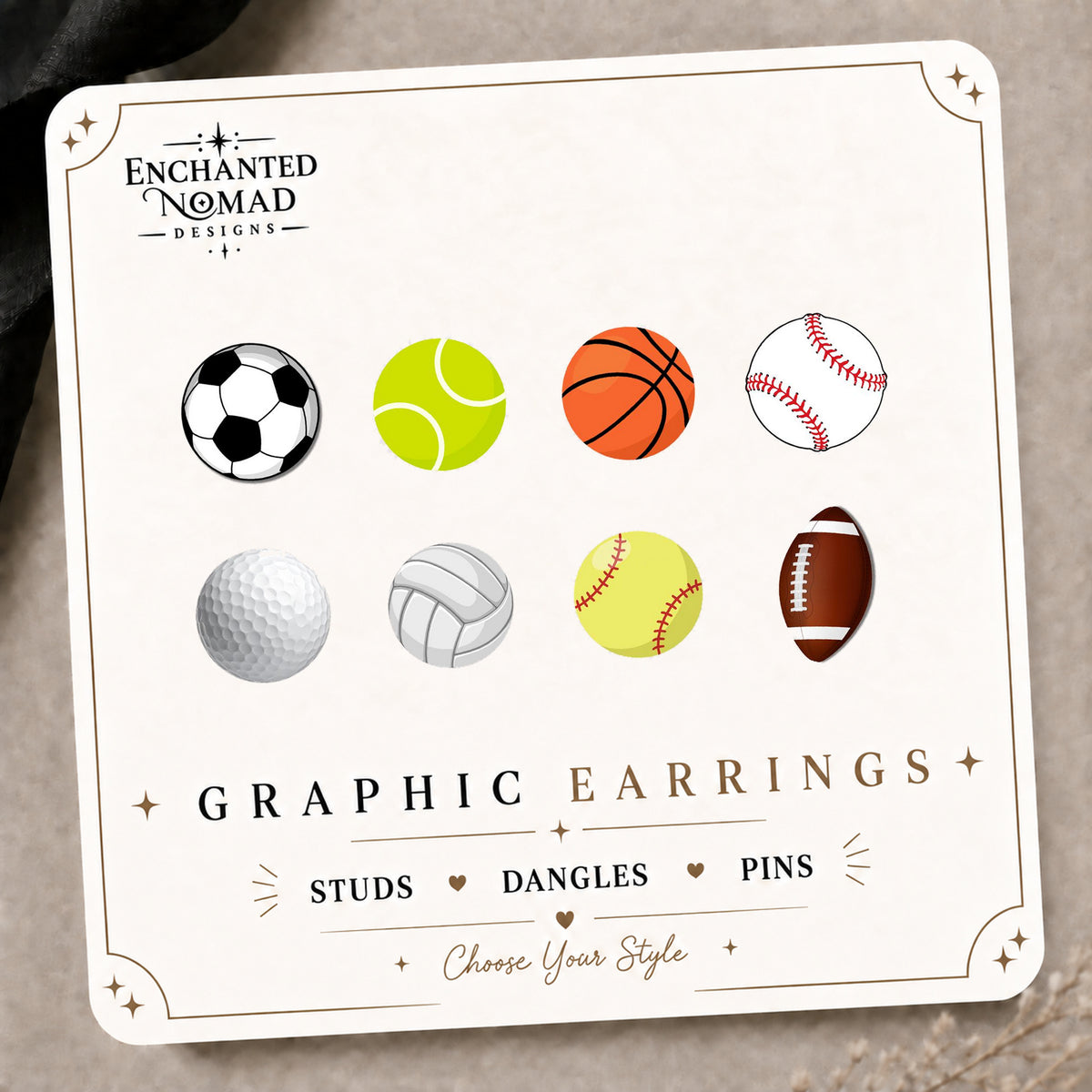 Mix & Match Sports Ball Stud Earrings on the tilted Enchanted Nomad Designs card