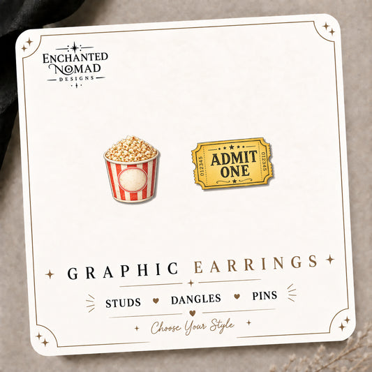 Movie Night Stud Earrings on the tilted Enchanted Nomad Designs card