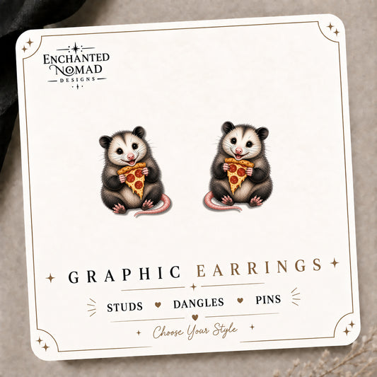 Opossum Pizza Stud Earrings on the tilted Enchanted Nomad Designs card