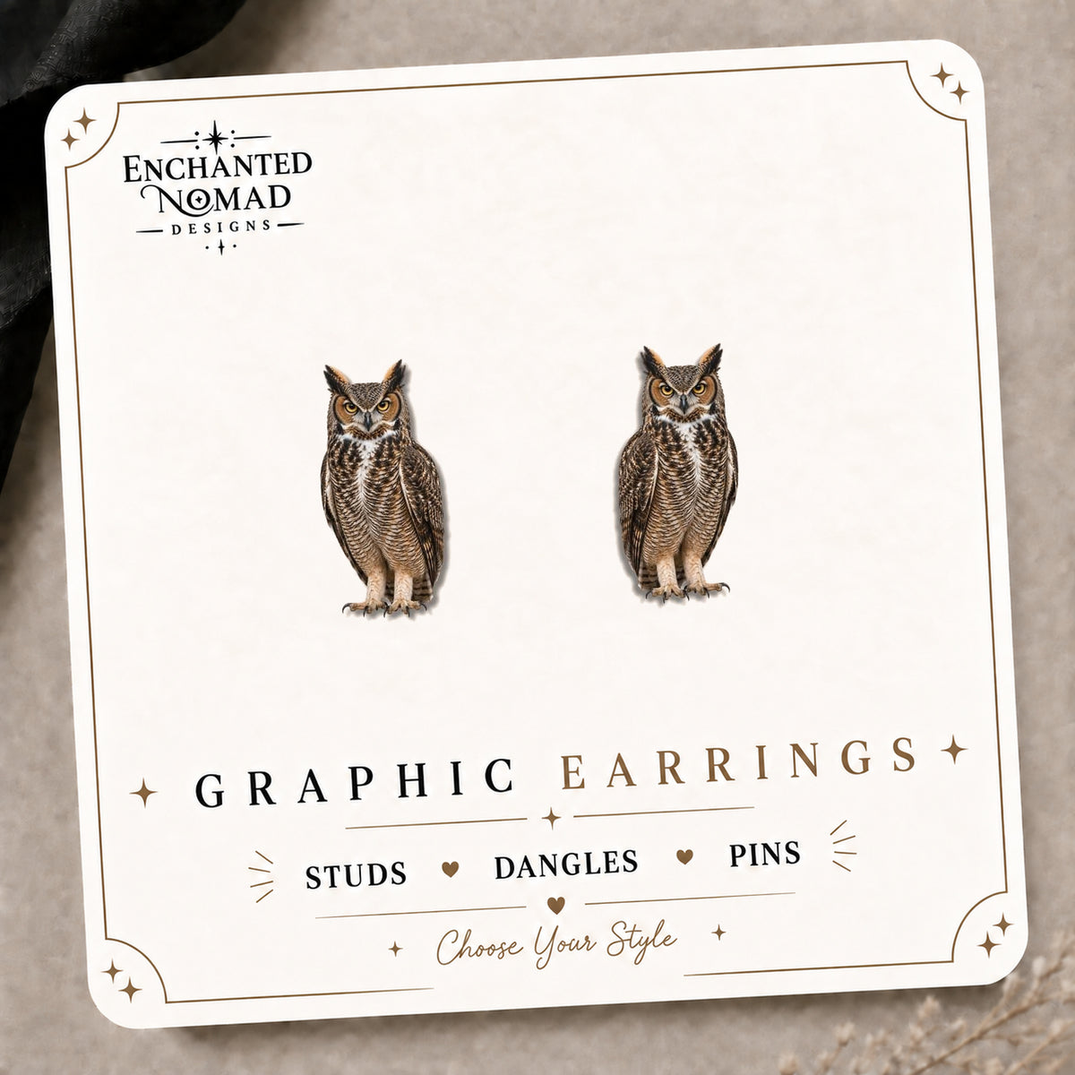 Owl Stud Earrings on the tilted Enchanted Nomad Designs card