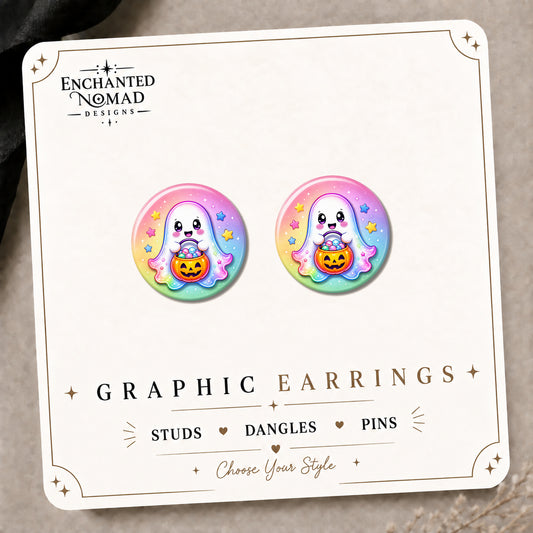 Pastel Rainbow Ghost Stud Earrings on the tilted Enchanted Nomad Designs card