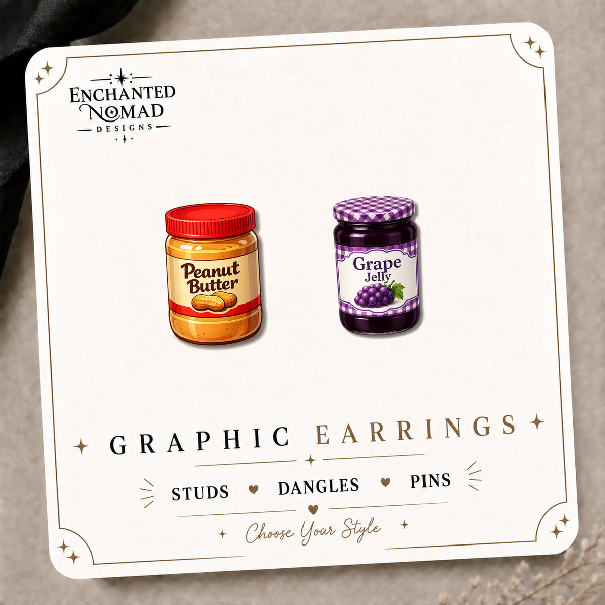 Peanut Butter & Jelly Stud Earrings on the tilted Enchanted Nomad Designs card