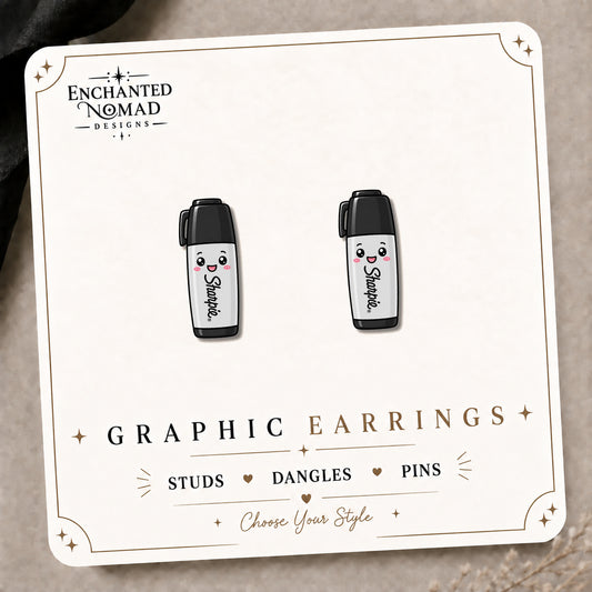 Permanent Marker Stud Earrings on the tilted Enchanted Nomad Designs card