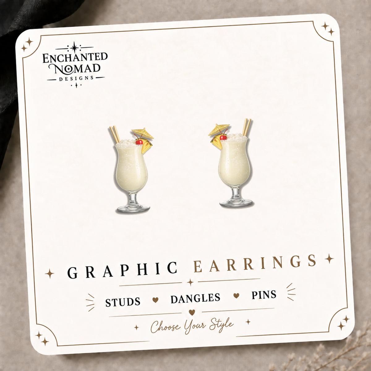 Piña Colada Stud Earrings on the tilted Enchanted Nomad Designs card